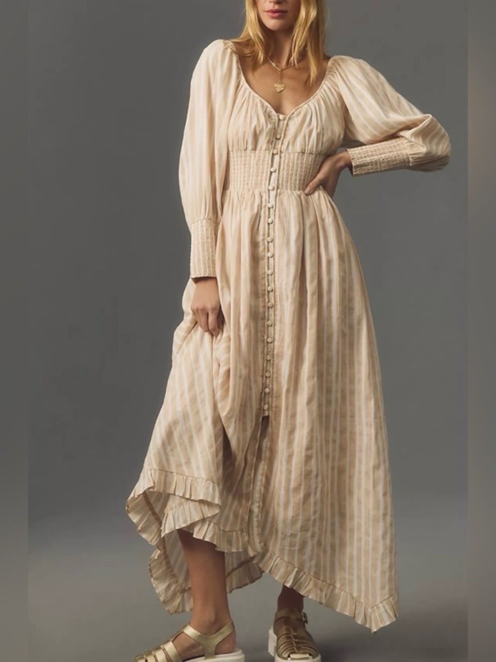 Anthropologie whimsy boho Cream Striped Button-Front Maxi Dress